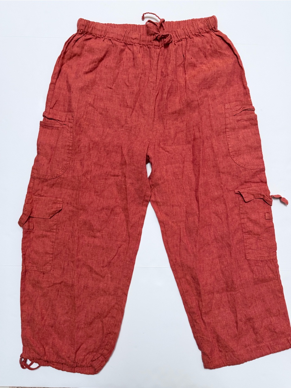 Flax Cargo Cropped Linen Pants Rust Relaxed Elastic Waistband Ties Lagonlook L